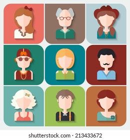 Set of flat people icons. Different faces of people for avatar, profile page, for app or web design made in modern flat style. Vector men, women characters.