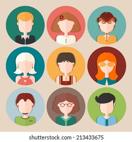 Set of flat people icons. Different faces of people for avatar, profile page, for app or web design made in modern flat style. Vector men, women characters