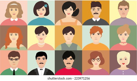 Set of flat people icons. Different faces of people for avatar, for app or web design, Vector men, women characters.