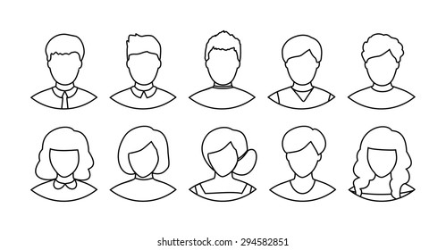 Set Of Flat People Icons. Different Faces Of People For Avatar, For App Or Web Design, Vector Men, Women Characters In Line Art Style