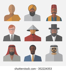 Set of flat people icons. Different nationalities.