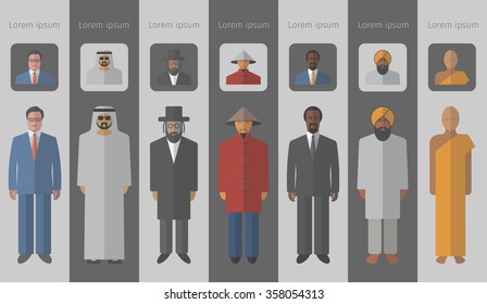 Set of flat people icons. Different race and religions