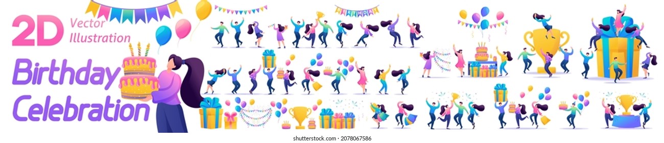 Set Flat people and illustrations of Birthday celebrations and other big festive events concept. Excited and happy people celebrating the event. For Vector