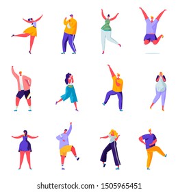 Set of flat people joyful and positive characters. Bundle cartoon people emitting a smile in various poses on white background. Vector illustration in flat modern style.
