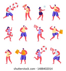 Set of flat people lifeguards on the beach characters. Bundle cartoon people showing safety rules before swimming on white background. Vector illustration in flat modern style.