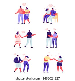 A un grupo de personas llanas les encantan los personajes de una cita. Bundle caricatura de la gente novio y novia en diferentes poses de fondo blanco. Ilustración vectorial en estilo moderno plano.