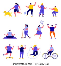 Set of flat people performing sports activities characters. Bundle cartoon people fitness workout or playing games isolated on white background. Vector illustration in flat modern style.