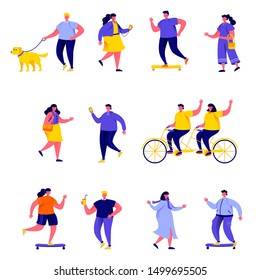 Set of flat people performing summer outdoor activities characters. Cartoon tiny people on street isolated on white background. Flat vector Illustration. Collection people characters.