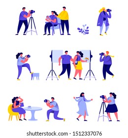 Set of flat people photographers take different pictures characters. Bundle cartoon people photographers and cameramans isolated on white background. Vector illustration in flat modern style.