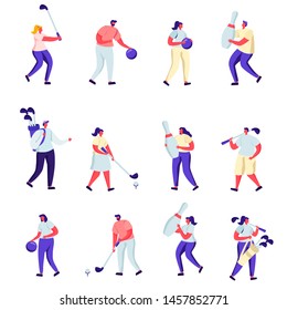 Set of Flat People Playing Golf and Bowling Characters. Cartoon Summertime Outdoors and Indoors Fun Activity, Healthy Lifestyle. Vector Illustration.
