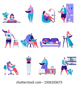 Set of flat people reading or students studying characters. Bundle cartoon people book lovers, readers, literature fans isolated on white background. Vector illustration in flat modern style.