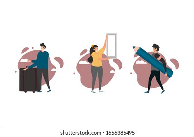Set Of Flat People Reading And Writing.  Character Design Vector Template