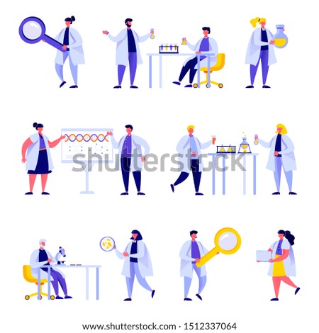 Set of flat people science laboratory staff characters. Bundle cartoon people performing various experiments isolated on white background. Vector illustration in flat modern style.