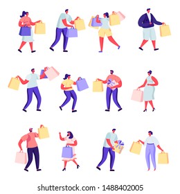 Set of flat people shopping at mall or supermarket characters. Bundle cartoon people joyful shoppers with packages on white background. Vector illustration in flat modern style.