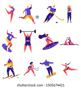 Set of flat people sports activities characters. Bundle cartoon people happy training or exercising isolated on white background. Vector illustration in flat modern style.