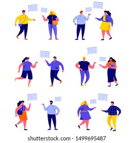 Set of flat people talking to each other with speech balloons characters. Cartoon tiny people on street isolated on white background. Flat vector Illustration. Collection people characters.