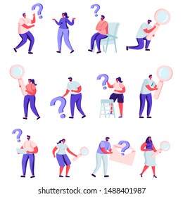 Set of flat people who are looking for something characters. Bundle cartoon people in various poses with question marks on white background. Vector illustration in flat modern style.