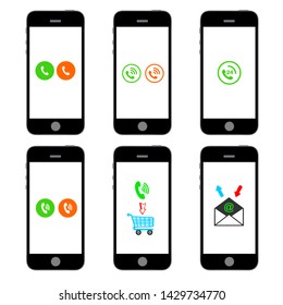 Set of flat phone vectors displaying different mobile operations 