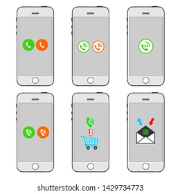 Set of flat phone vectors displaying different mobile operations 