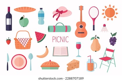 A set of flat picnic elements on a separate white background. Vector illustration. 