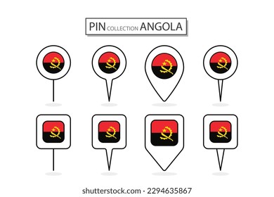 Set of flat pin Angola flag  icon in diverse shapes flat pin icon Illustration Design.
