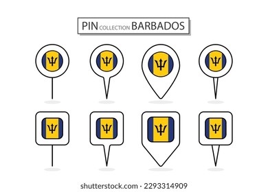 Set of flat pin Barbados flag  icon in diverse shapes flat pin icon Illustration Design.