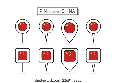 Set of flat pin China flag  icon in diverse shapes flat pin icon Illustration Design.
