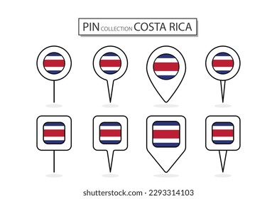 Set of flat pin Costa Rica flag  icon in diverse shapes flat pin icon Illustration Design.