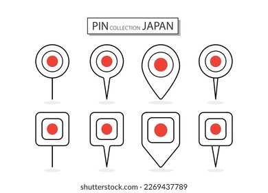 Set of flat pin Japan flag  icon in diverse shapes flat pin icon Illustration Design.