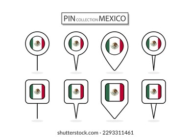 Set of flat pin Mexico flag  icon in diverse shapes flat pin icon Illustration Design.