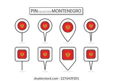 Set of flat pin Montenegro flag  icon in diverse shapes flat pin icon Illustration Design.