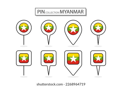 Juego de clavijas planas Icono de la bandera birmana en diversas formas icono de pin plano Ilustración Diseño.