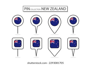 Set of flat pin New Zealand flag  icon in diverse shapes flat pin icon Illustration Design.