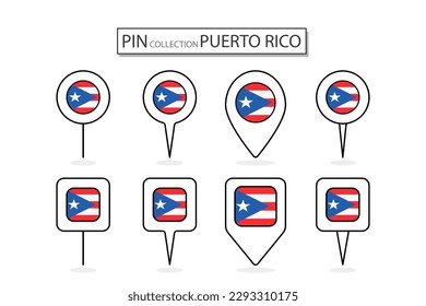 Set of flat pin Puerto Rico flag  icon in diverse shapes flat pin icon Illustration Design.