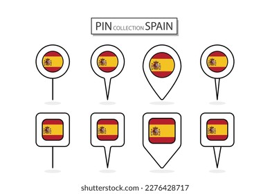 Set of flat pin Spain flag  icon in diverse shapes flat pin icon Illustration Design.