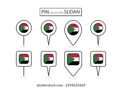 Set of flat pin Sudan flag  icon in diverse shapes flat pin icon Illustration Design.
