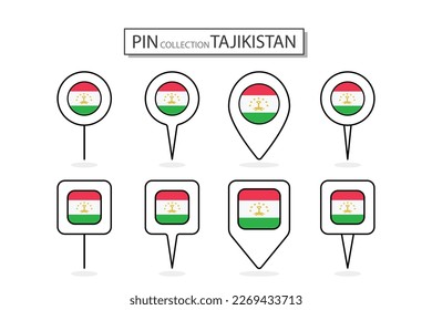 Set of flat pin Tajikistan flag  icon in diverse shapes flat pin icon Illustration Design.
