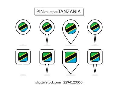 Conjunto de ícono de la bandera de Tanzania de alfiler plano en diversas formas icono de alfiler plano Ilustración Diseño.