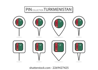 Set of flat pin Turkmenistan flag  icon in diverse shapes flat pin icon Illustration Design.