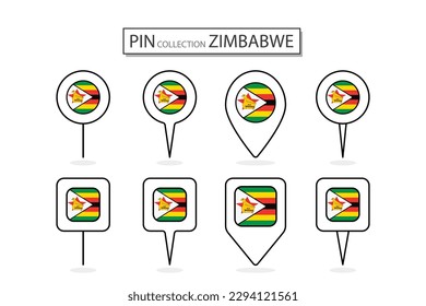 Conjunto de ícono de la bandera de Zimbabue de alfiler plano de diversas formas icono de alfiler plano Ilustración Diseño.