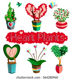 set of flat pink and green house plants and trees in love style. Flowers in flowerpot. Flat elements for wedding, Valentines day, happy birthday cards in bright colors. Vector illustration.