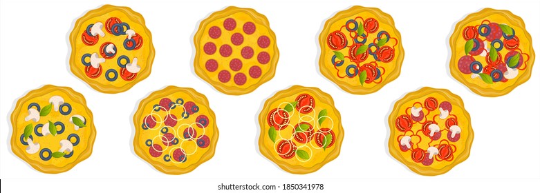 A set of flat pizza icons isolated on a white pizza top view set. A variety of pizza flavors, vegetables and meat. Vector illustration for menus and delivery apps.