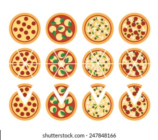 Set Of Flat Pizza Icons Isolated On White