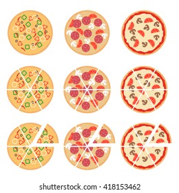 Set of flat pizza icons isolated on white. Vector illustration