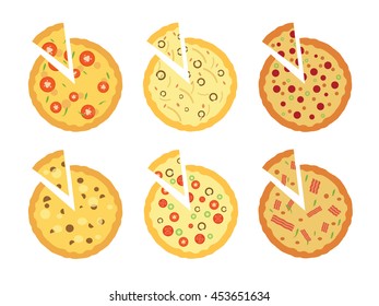 set of flat pizza icons isolated on white