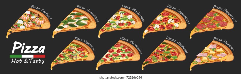 set of flat pizza icons isolated on black. vector