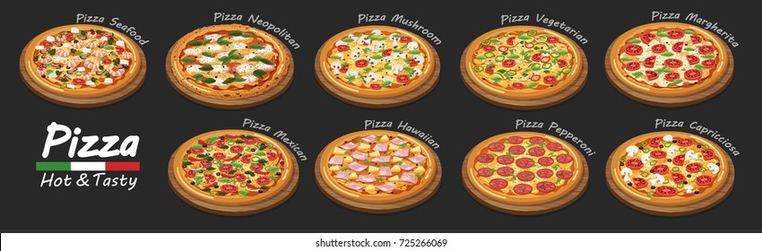 set of flat pizza icons isolated on black. vector