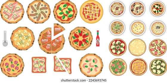 Set of flat pizza icons. Traditional italian fast food. Top view meal. European snack. Isolated white background. vector illustration.
