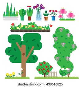 Set Of Flat Plant. It Includes Flower Pots, Bouquet In A Vase, Tree, Bushes With Flowers