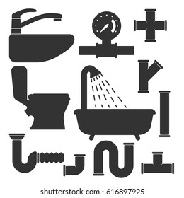 Set of flat plumbing icons. Bathroom interior. Vector illustration isolated on a white background.